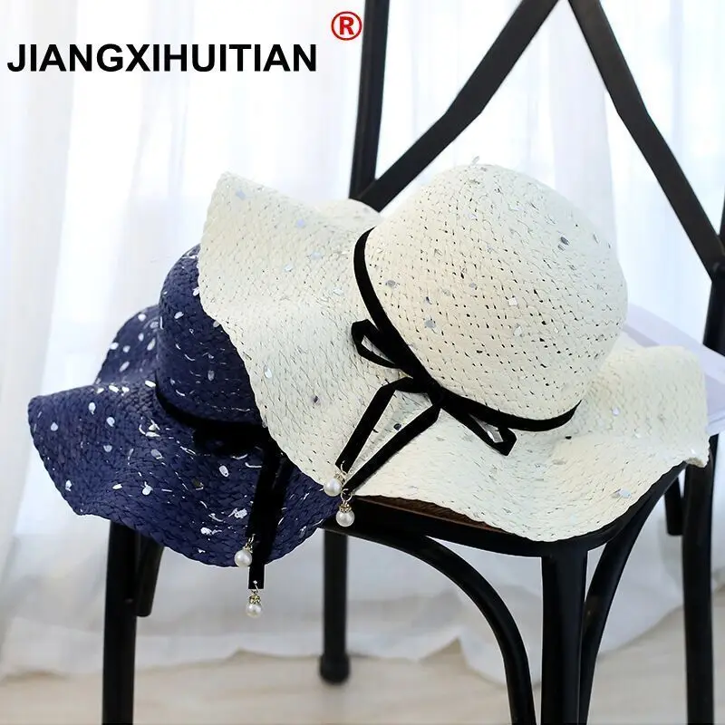 

2017 summer New Fashion Pearl sequins Sun Hat Women's Foldable Straw Hats For Women Beach Headwear 4 Colors Top Quality hats