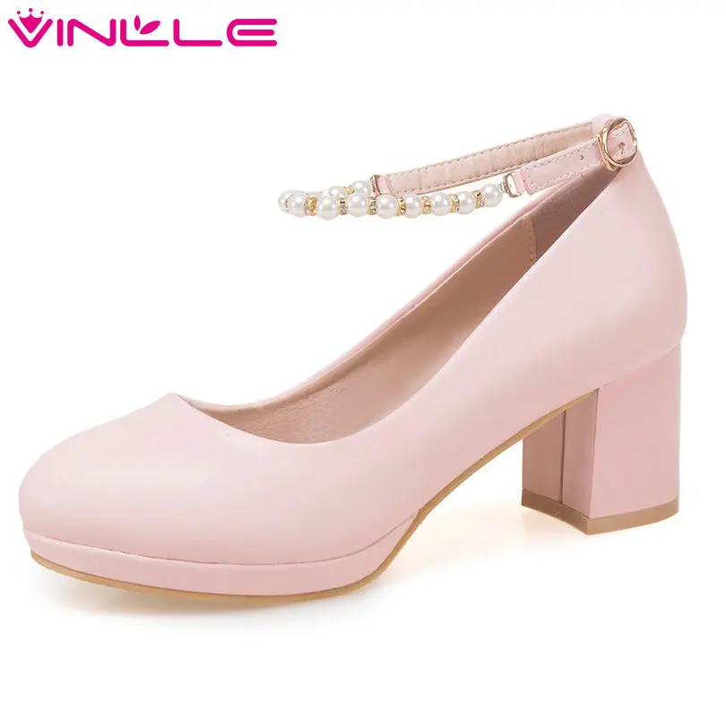 

VINLLE 2018 Women Pumps Square High Heel String Bead PU Leather Shoes Spring Ankle Strap Ladies Wedding Shoes Size 34-43