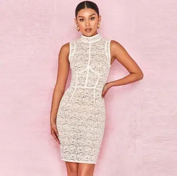 

autumn and winter celebrity white o-neck mini lace sleeveless sexy elegant vintage pub evening party dressse wholesale