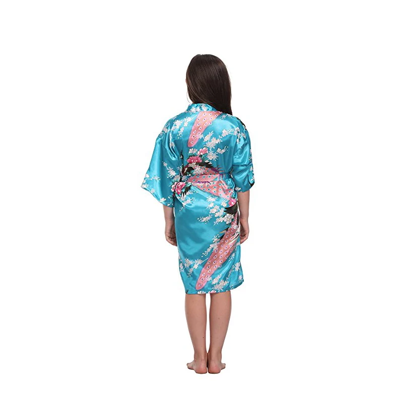 Детское мягкое цветное кимоно с павлином для девочек платье подружки невесты с цветочным узором для девочек шелковистая Детская Пижама-халат, кимоно, Халат