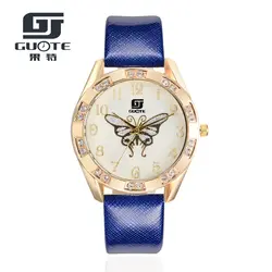 Котировка Новый Бабочка Женские часы 2016 роскошные брендовые розовое золото; круг модные популярные наручные часы женские кварцевые часы