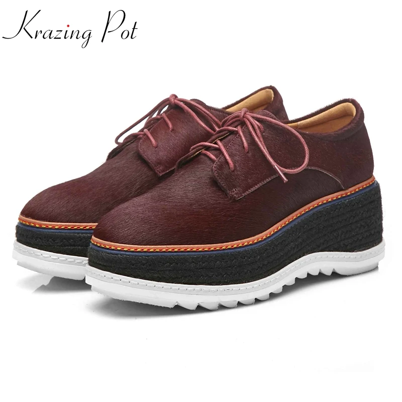 

Krazing Pot horsehair square toe waterproof streetwear lace up thick bottom original design straw sole wedges beauty shoes L18