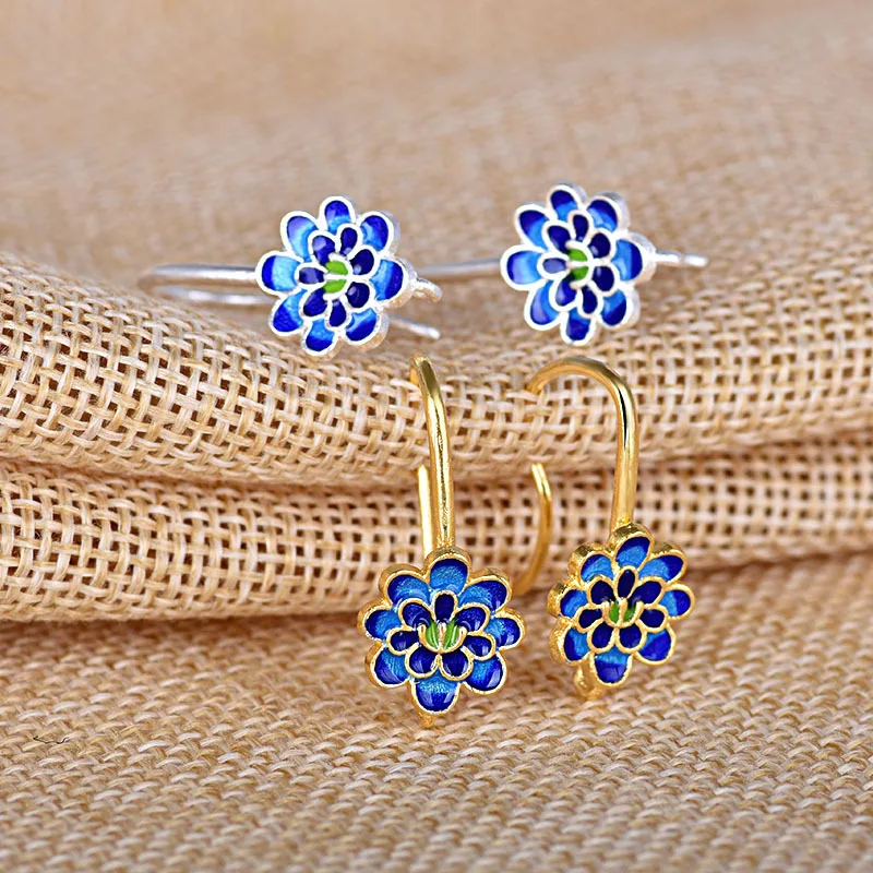 Трендовые синие эмалевый крюк серьги золотого и серебряного цвета Almei Cloisonne синий цветок серьги для девушек и женщин ювелирные изделия подарок