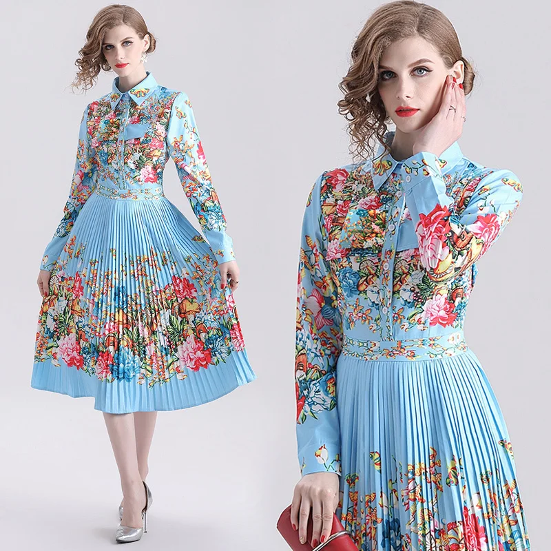 

2019 Spring Summer Fall Runway Floral Print Collar Long Sleeve Empire Waist Women Ladies' Casual A-Line Midi Beach Pleated Dress