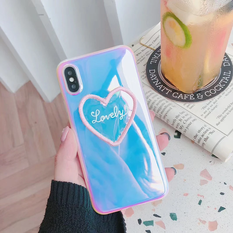 

New 3D Laser Colorful Love hard cover case for iphone 6 6S S plus 7 7plus 8 8plus X XS XR Max Pink Shiny mirror phone coque capa