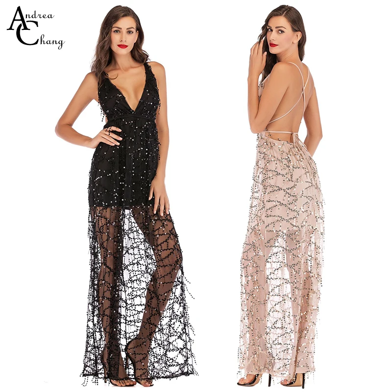 

Spring summer woman dress sequined beading golden khaki black floor length dress v-neck backless sexy party event dress gown