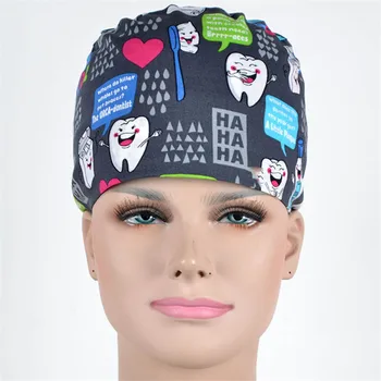 

Tooth Dentist Surgical Cap Nurse Scrub Work Hat Dental Clinic Hospital Scrub Caps 100% Cotton Classic Tieback Nurse Hats