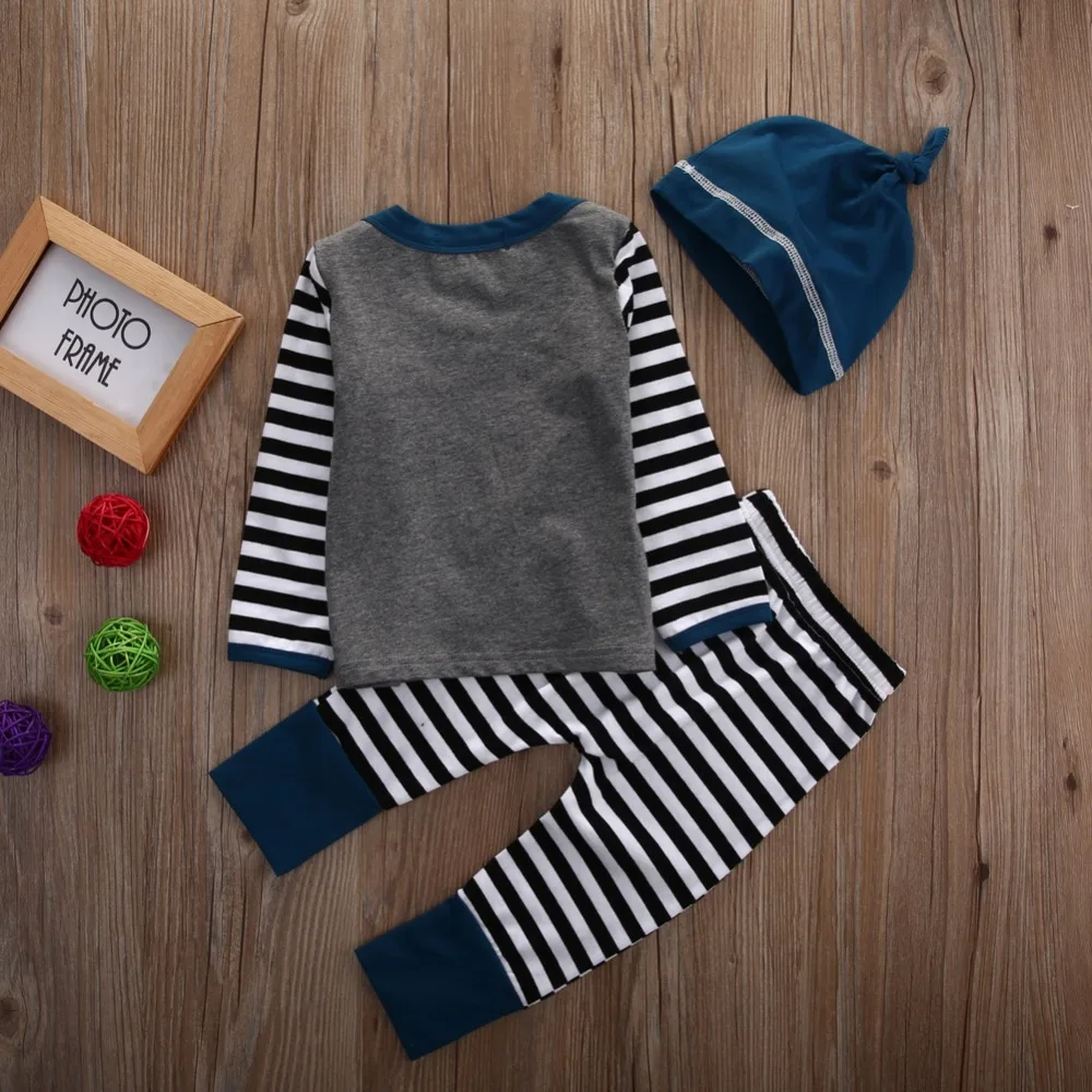 

3pcs suit !!Newborn Toddler Kids Baby Boys Girls Outfits Clothes T-shirt Tops+Long Pants +hat striped clothes set