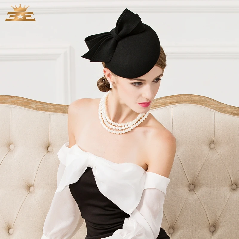 Женская шерстяная шляпа Fedoras, винтажная черная шерстяная шляпка, шляпка для свадебной вечеринки, головные уборы для женщин, шапка для свадьбы, B-7536