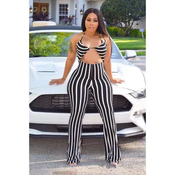

Sexy Halter Hollow Out Striped Jumpsuits Women Sleeveless Backless Wide Leg Jumpsuit Summer Long Overalls