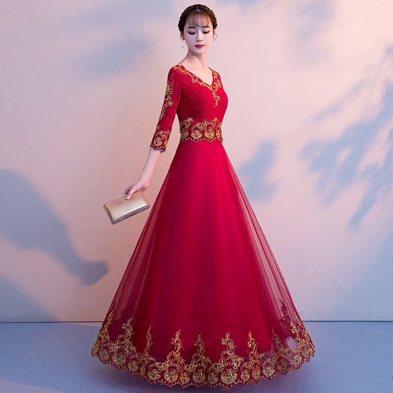 Красное вино традиционное китайское длинное вечернее платье модное Cheongsam сексуальное свадебное кружевное Qipao халат Восточный Стиль Платья повседневные - Цвет: Long red wine
