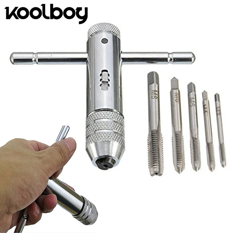 6Pcs/set T Handle Tap Wrench Ratchet Spanner with M3-M8 Screw Taps Thread Metric Plugs Machinist Hand Tools Tap & Die Set