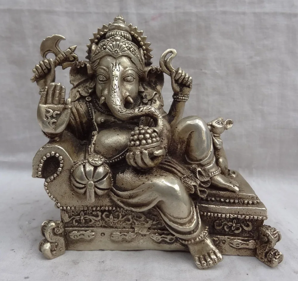 

Free Shipping Tibet Silver 4 Hand Sleep Ganapati Ganesh Lord Ganesha Mouse Buddha Brass Statue
