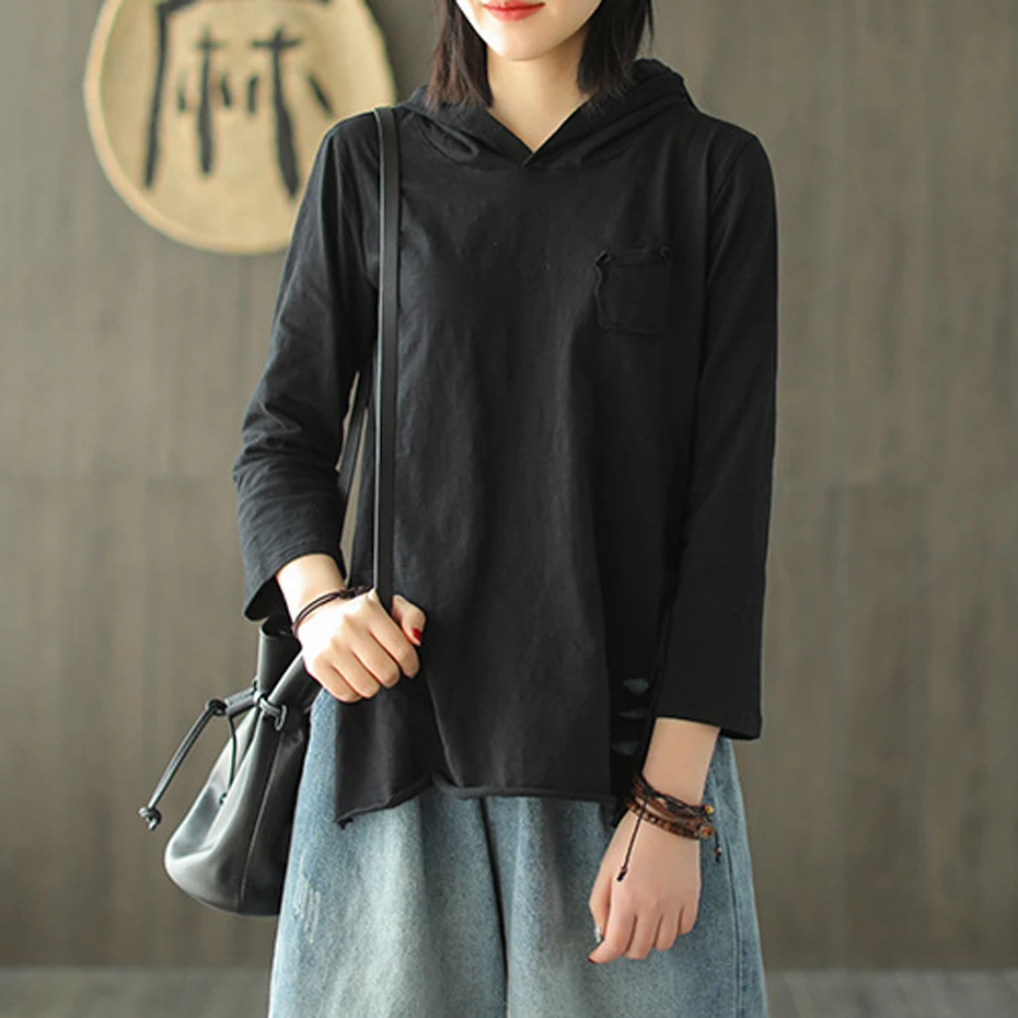 

Womens Cotton Tops T Shirt Tees for Ladies Hooded Ripped Holes Loose Big Fashion Casual for Spring Summer 60043