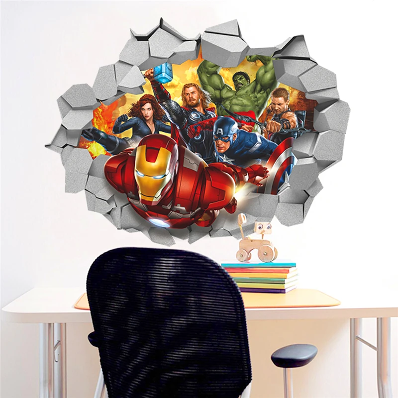 3d Marvel's Avengers Movie through wall stickers for kids room wall decals cartoon super hero wall art decor diy 45*60cm posters