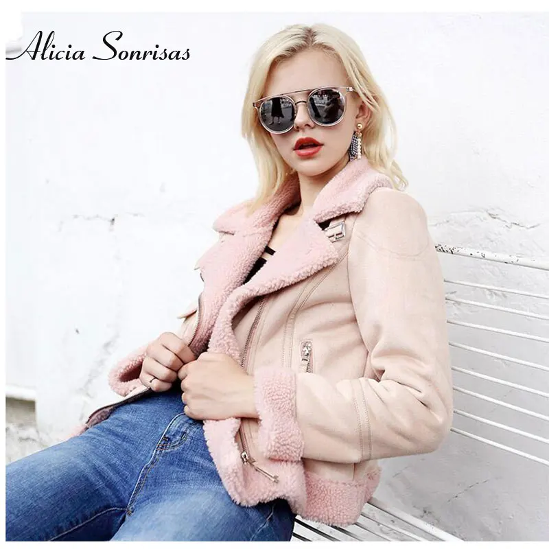 Koop 2019 Faux Shearling Schapenvacht Jas Vrouwen Lederen Dikke Suède Jas Vrouwen Herfst Winter Lammeren Wol Korte Motorfiets Jassen UV3001