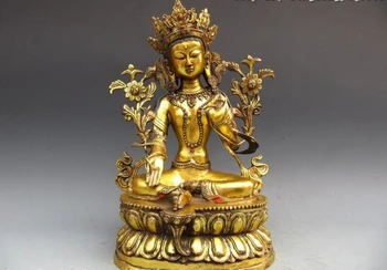 

USPS to USA S0135 Tibet Copper Bronze Gild lotus flower Green TaRa Kwan-Yin GuanYin Buddha Statue