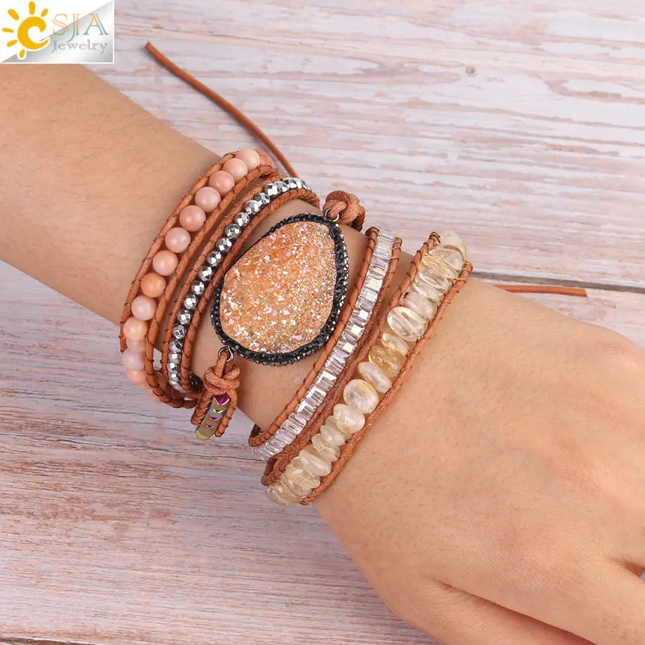 

CSJA Healing Crystal Jewelry for Women Charms Bling Yellow Quartz Druzy Drusy Geode Gems Stone Beaded Wrap Bracelet Bangle S377