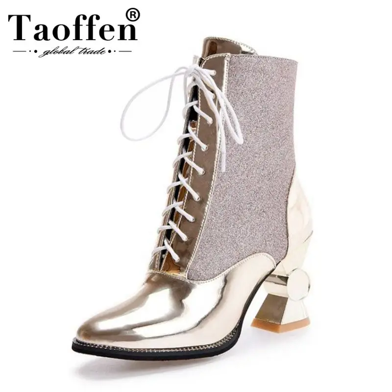 

TAOFFEN Size 32-44 Women High Heels Boots Shine Strange Heels Women Winter Shoes Cross Strap Ankle Boots Sexy Fur Warm Shoes