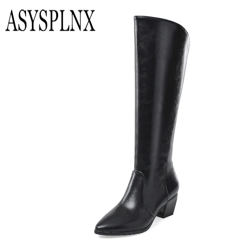 

ASYSPLNX brand 2018 autumn and winter natural leather pointed toe knee high zipper woman boots white shoes women's boots B067