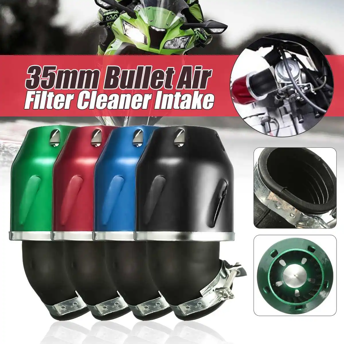 

35mm Bullet Motorcycle Air Filter Cleaner Intake 50cc Scooter Dirt Pit ATV Bike
