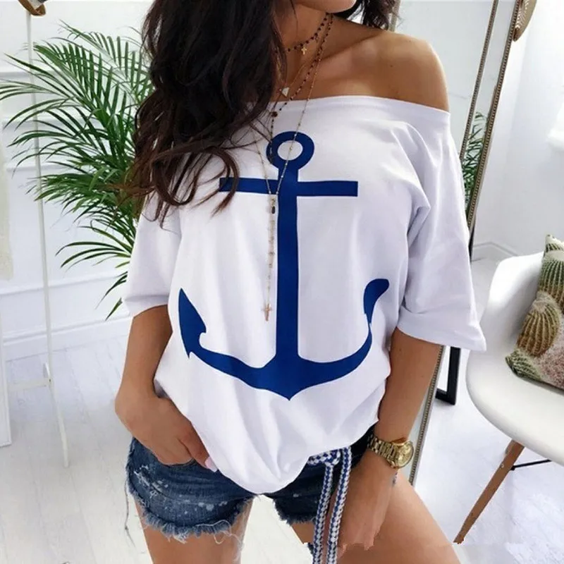 

Women's Slash Neck T-Shirt Top Plus Size Off Shoulder Batwing Sleeve White Print Tee Shirt Tops Female Summer Loose TShirts Lady
