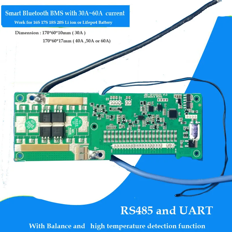 Литий ионный аккумулятор 16S 17S 18S 20S или литий железо фосфатный smart Bluetooth BMS с 30 А 40 50