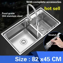 Пищевой 304 нержавеющая сталь Горячая кухонная раковина модная Обычная двойная корыто 0,8 мм Толстая прочная 82x45 см