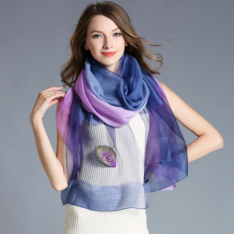 MAGNOLIA New Arrival Women's High End Silk Scarves Feather Embroidery Gradient Color Silk Wool