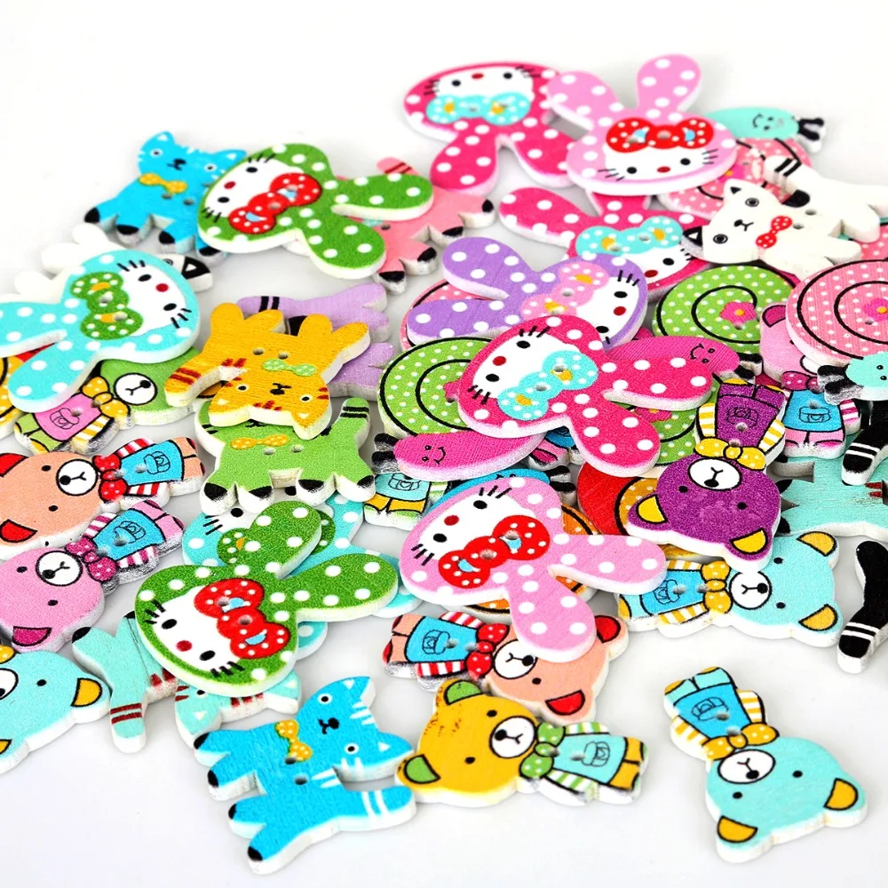 Colorful Round/Animal Natural Wood Buttons 50PCs Mix Shape Pattern Decorative Buttons 2-Holes for Sewing Scrapbooking Craft DIY