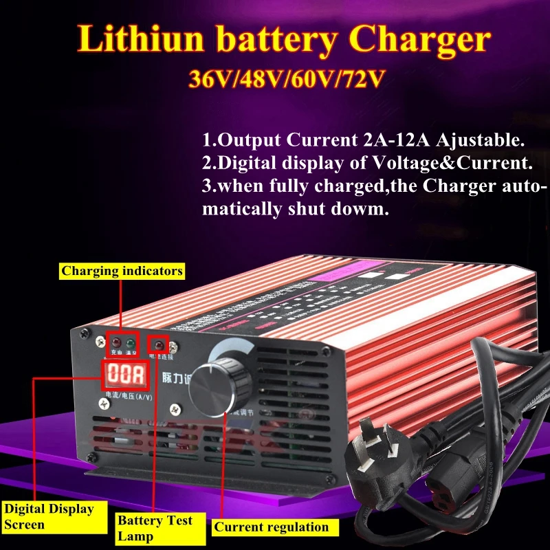 

Intelligent 24v 36V 48V 60V 72V 12A charger 2-12A Adjustable with led display for 36V 48v 60v 72v Lifepo4 Li-ion battery pack