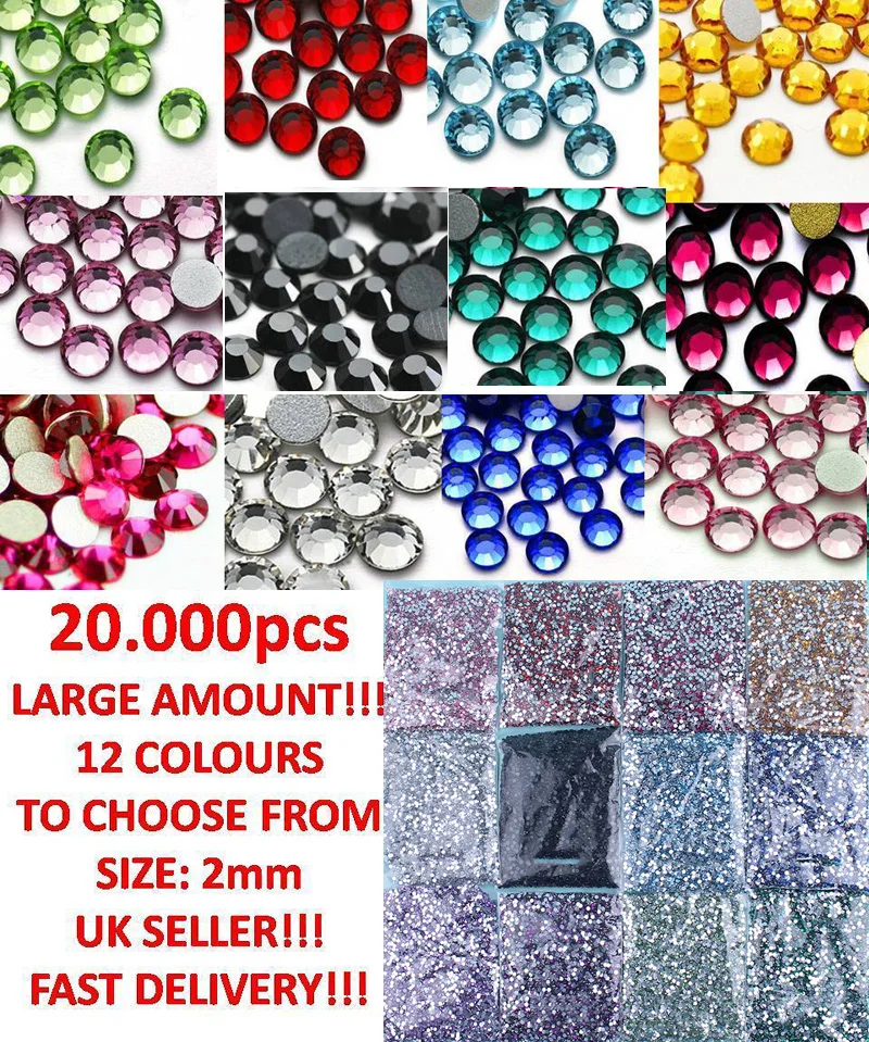

20000pcs LARGE AMOUNT! 2mm RHINESTONES GEMS CRYSTALS 12 COLOURS TO CHOOSE FROM!2MM FLATBACK ACRYLIC CRYSTAL NAIL ART RHINESTONE
