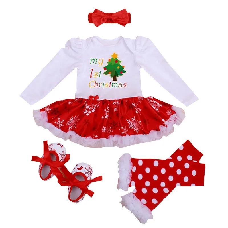 Розничная платье для девочек возрастом от 4 шт./компл. одежда для маленьких девочек Рождественские костюмы для малышей для мальчиков и девочек; Roupas De Bebe для новорожденных комбинезон+ носки+ повязка+ обувь - Цвет: as photo