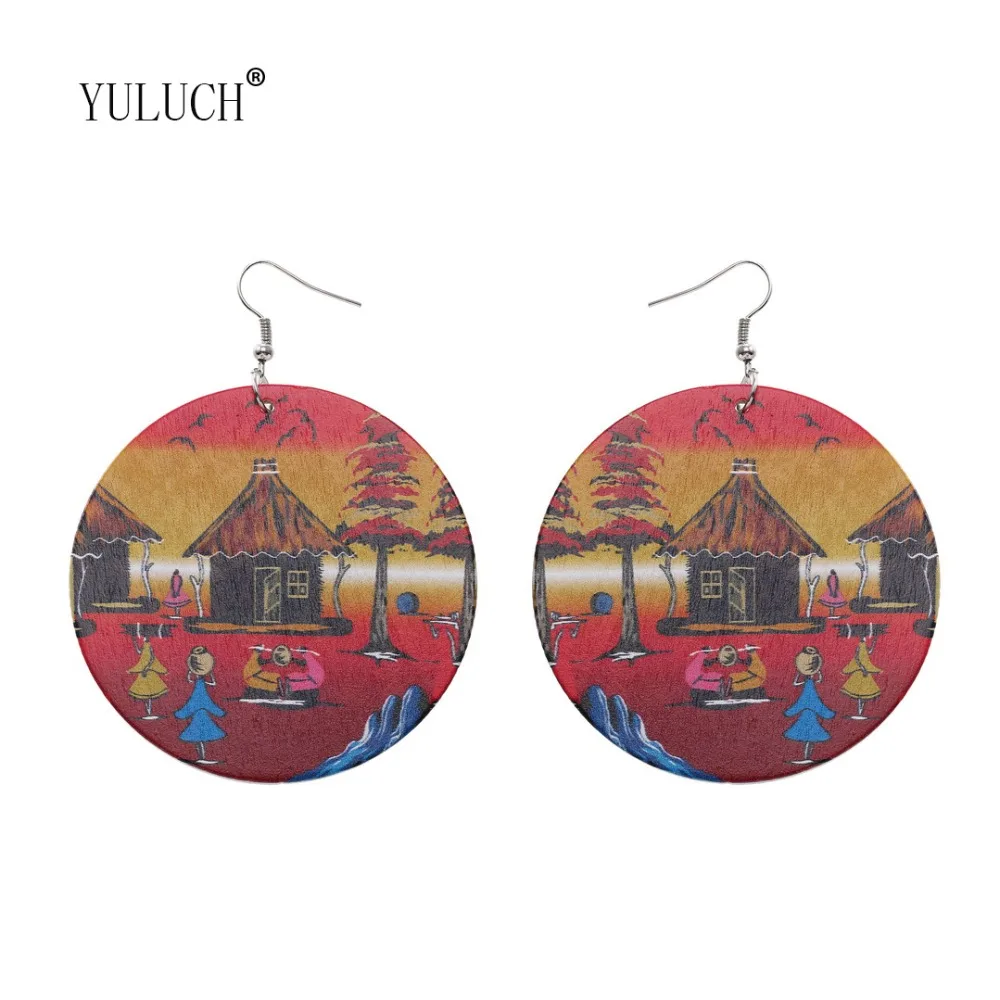 

YULUCH Wood Printed African Style Pendant Earrings for Women Art Vintage Jewelry for Girls Elegant Accessories