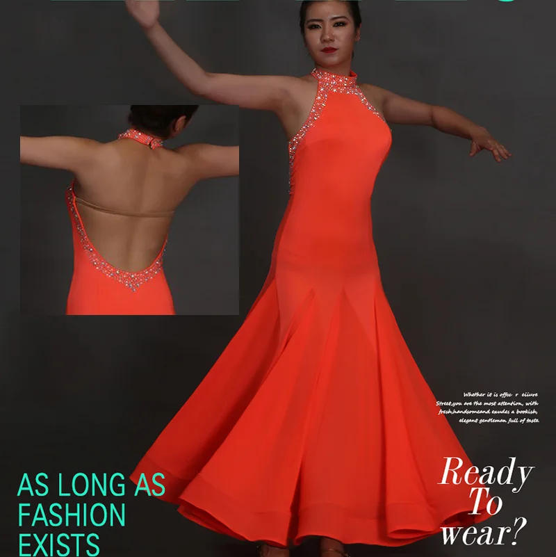 

customized fashion new modern dance costumes orange turtleneck Strapless pendulum bone waltz dresses