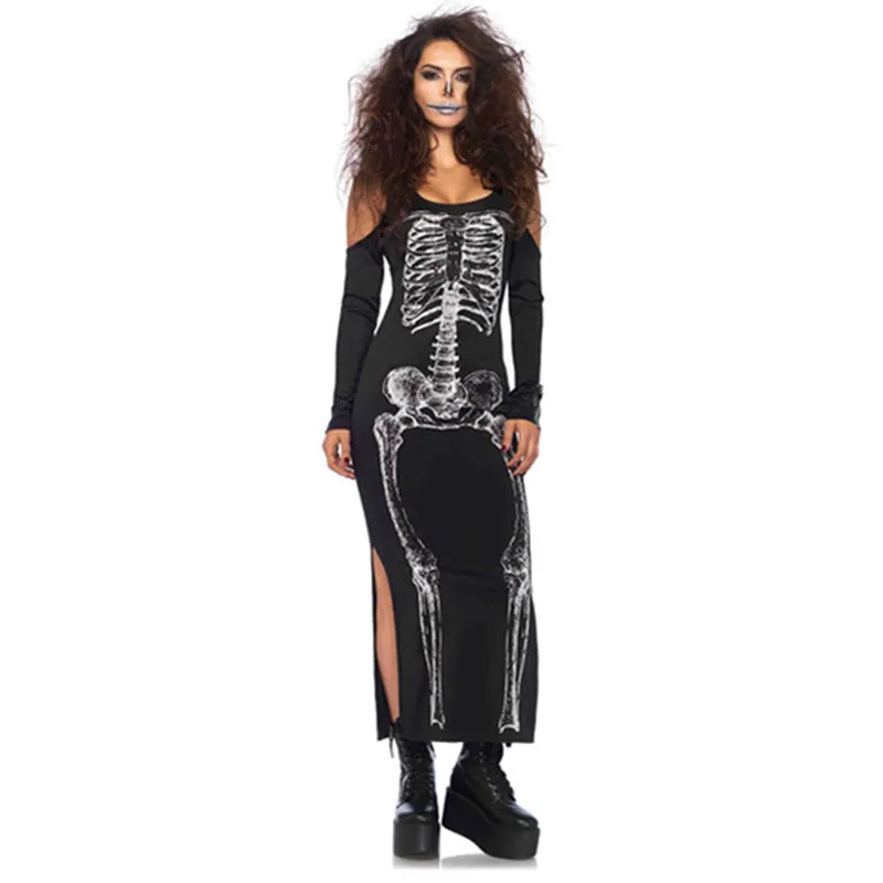 Women Night Club Skeleton Dress Punk Sexy Skull Vestido Shoulder Cut