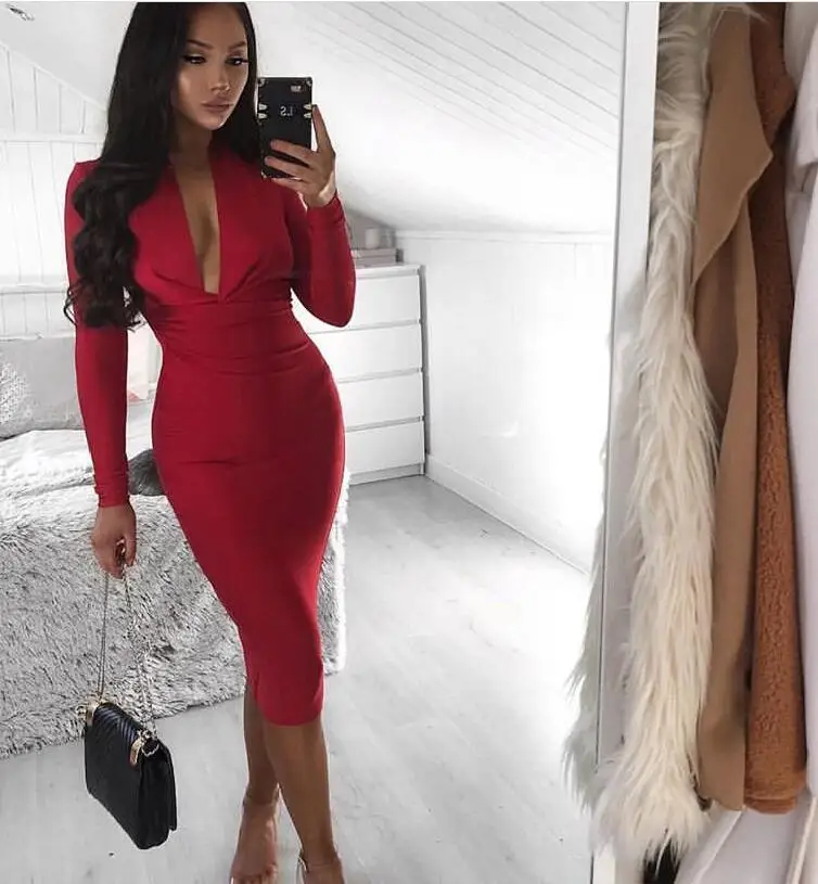 v manga longa mulheres bodycon bandage vestido