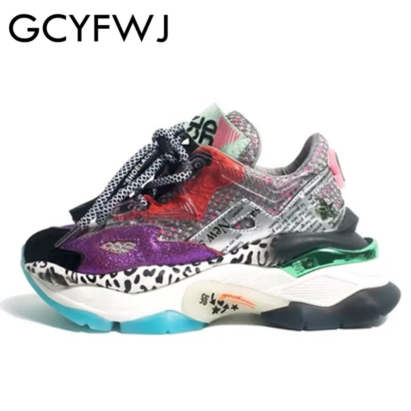 

GCYFWJ Sneaker Shoes Woman 2019 New Luxury Mixed Color Rubber Cowhide Dad Shoes Personality Letter Printing Tide Women's Shoes