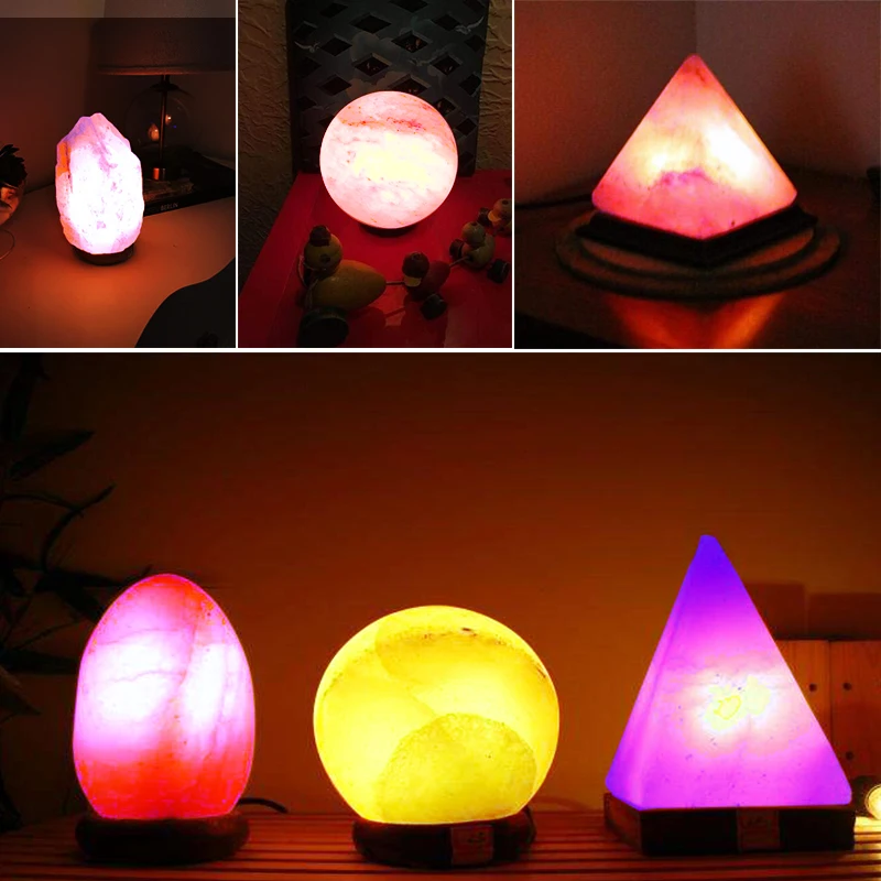  USB Himalayas Salt Lamp Air Purify RGB Round Natural Triangle Crystal Rock Lamp Wooden Base Colorfu - 32911159426