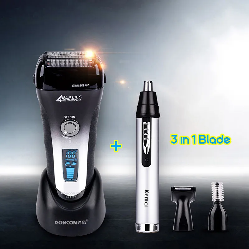 

4-blade Cutting System Rechargeable LCD Display Electric Shaver with 3-in 1 Rechargeable Nose Ear Sideburns Eyebrows Trimmer 45