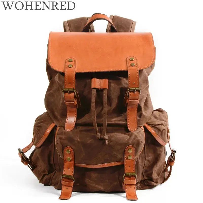 Men Waterproof Oil Wax Canvas+Real Leather Backpack Sport Travel Bag Book Bag L