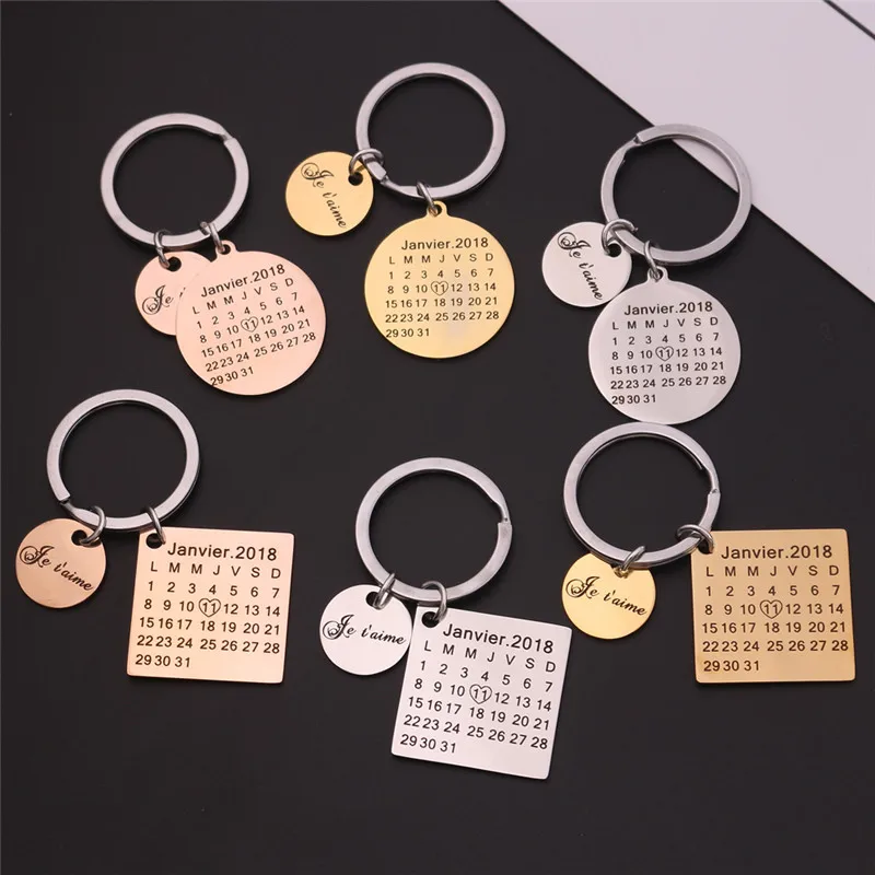 

Customized Services High Polished Stainless Steel Custom French Calendar Keychain Key Ring Marked with Heart Anniversary Jewelry