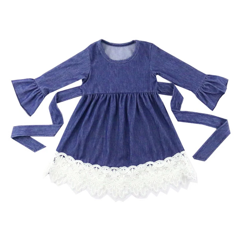 

100% cotton fall and winter long sleeve girls denim lace ruffle dress