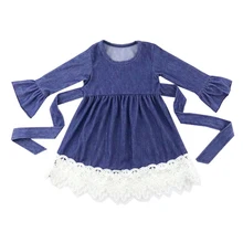 Хлопок осень и зима Длинные рукава для девочек джинсовое платье с кружевной оборкой