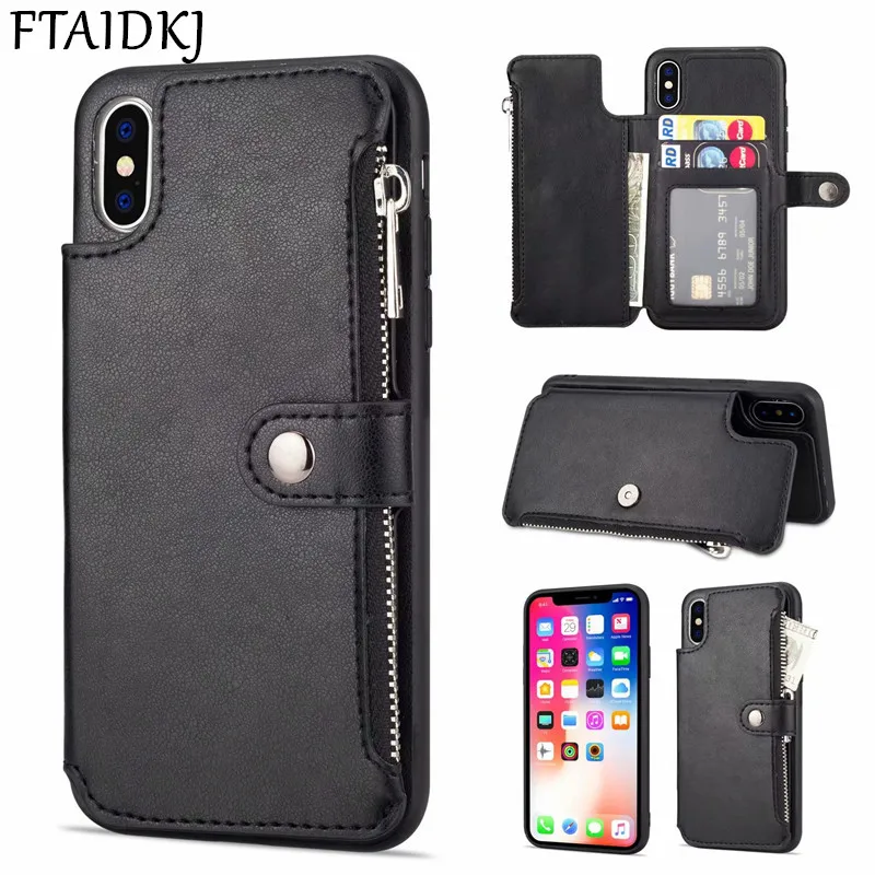 

Wallet Flip PU Leather Zipper Case For iPhone XS Max XR X 6 6S 7 8 Plus Card Pocket Stand Cover For Samsung Note 8 9 S8 S9 Plus