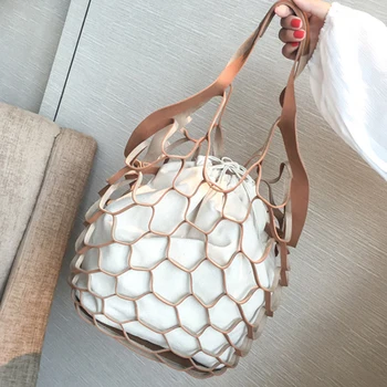 

Hollow Out Mesh Design Women Handbags Net Canvas Composite Bag Ladies Drawstring Tote Famous Brands Casual Beach Bags Summer New