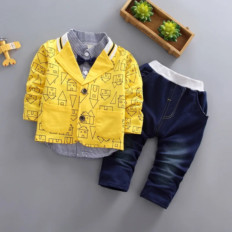 

toddler boys clothing 3 pieces/set children's wear Korean version fall clothing house print jacket + t-shirt + jeans baby suit