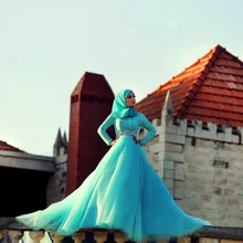 Robe De Soiree Aqua Arabic Muslim Evening Dress Top Lace Crystal Belt Court Train Wedding Gowns Hijab Evening Dresses Aramex