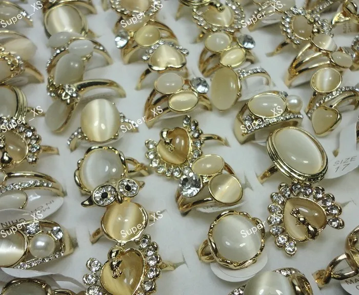 10Pcs Whole Natural Opal Cat eye Stone Rhinestones Gold Rings For Women Fashion Jewelry Bulk Lots LR290