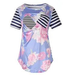 Одежда для беременных женская пижама для беременных Топ с коротким рукавом в полоску с цветочным принтом в стиле пэчворк Топы рубашка для